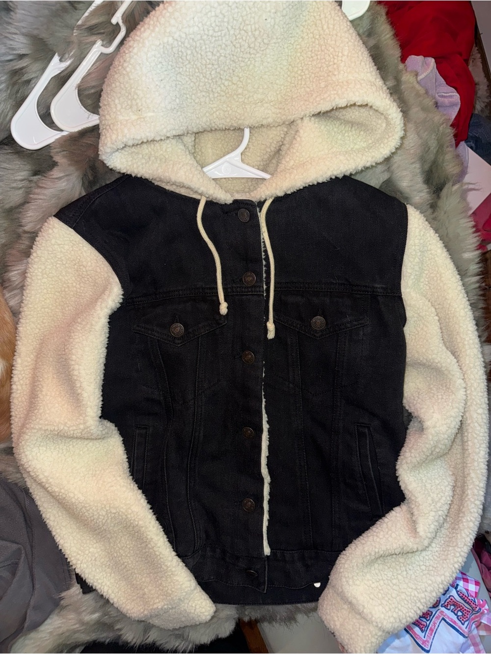 Love Tree Black Denim Jean Jacket with Cream Sherpa Hood & Sleeves